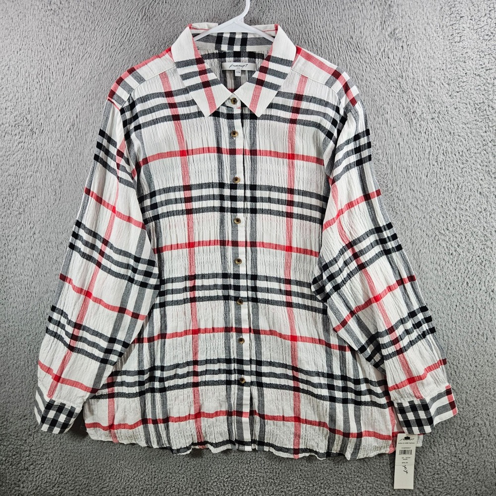 Foxcroft NYC Rhea Tartan Plaid Seersucker Button Down Shirt Red White Black 22W